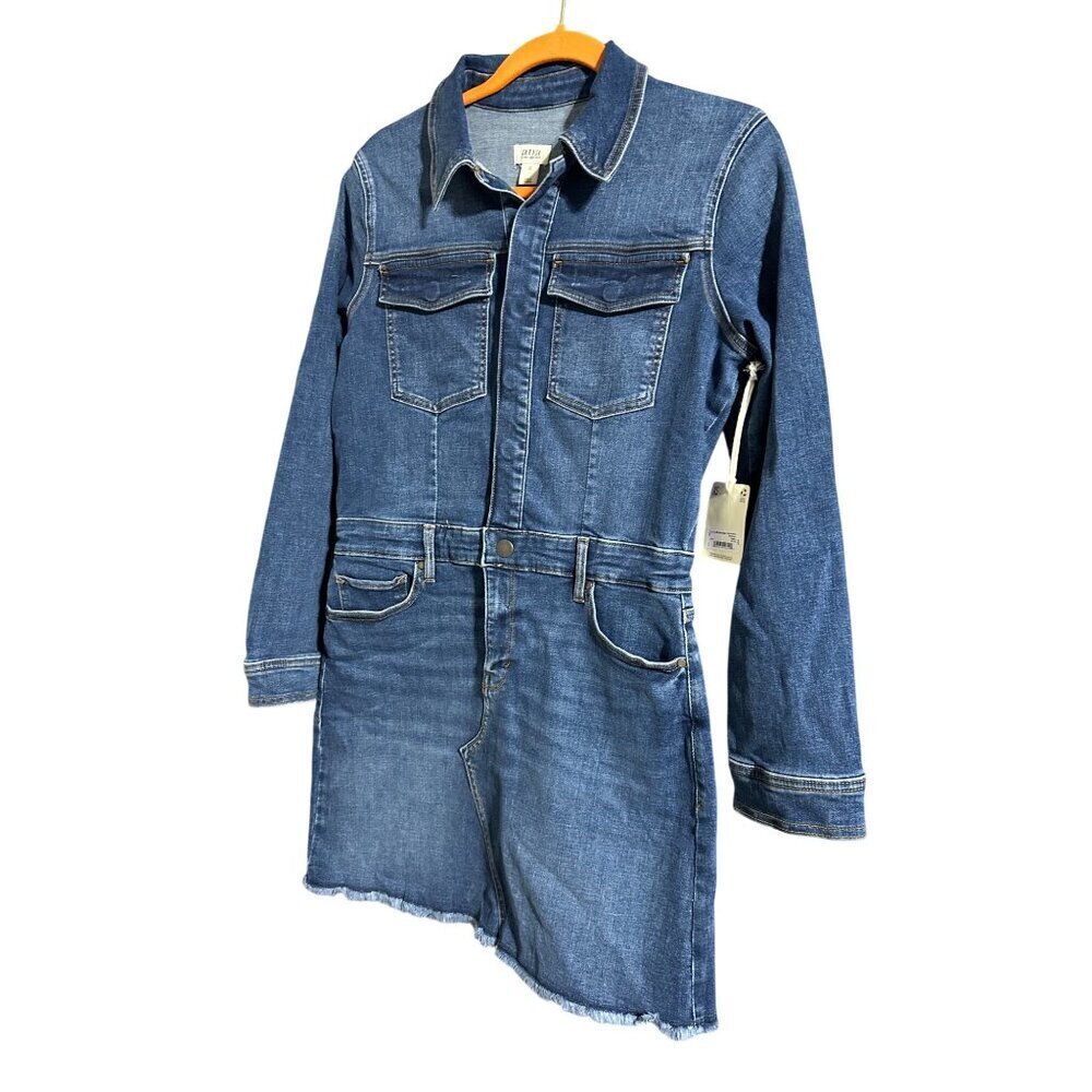 A.N.A Denim Shirt Dress XS Long Sleeve Button Down With Pockets Frayed Hem NWT